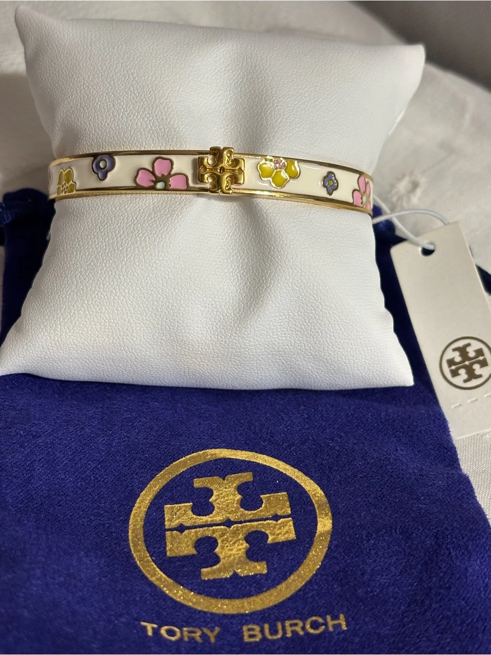 Tory Burch Cream Enamel Floral Logo Hinge Bangle Bracelet